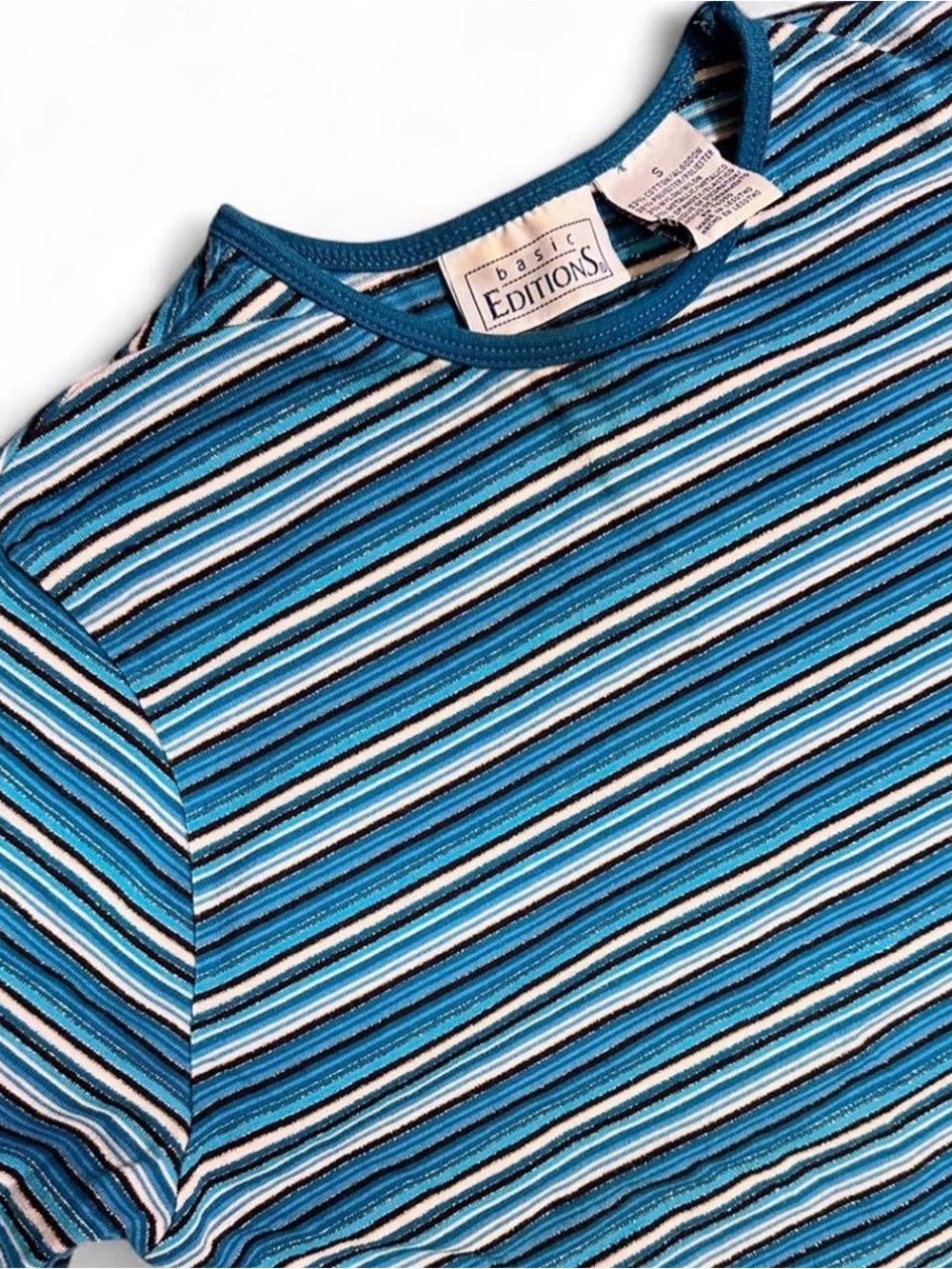 Vintage Y2K Basic Editions Aqua Blue Striped Cotton Crewneck Tee Shirt Small
